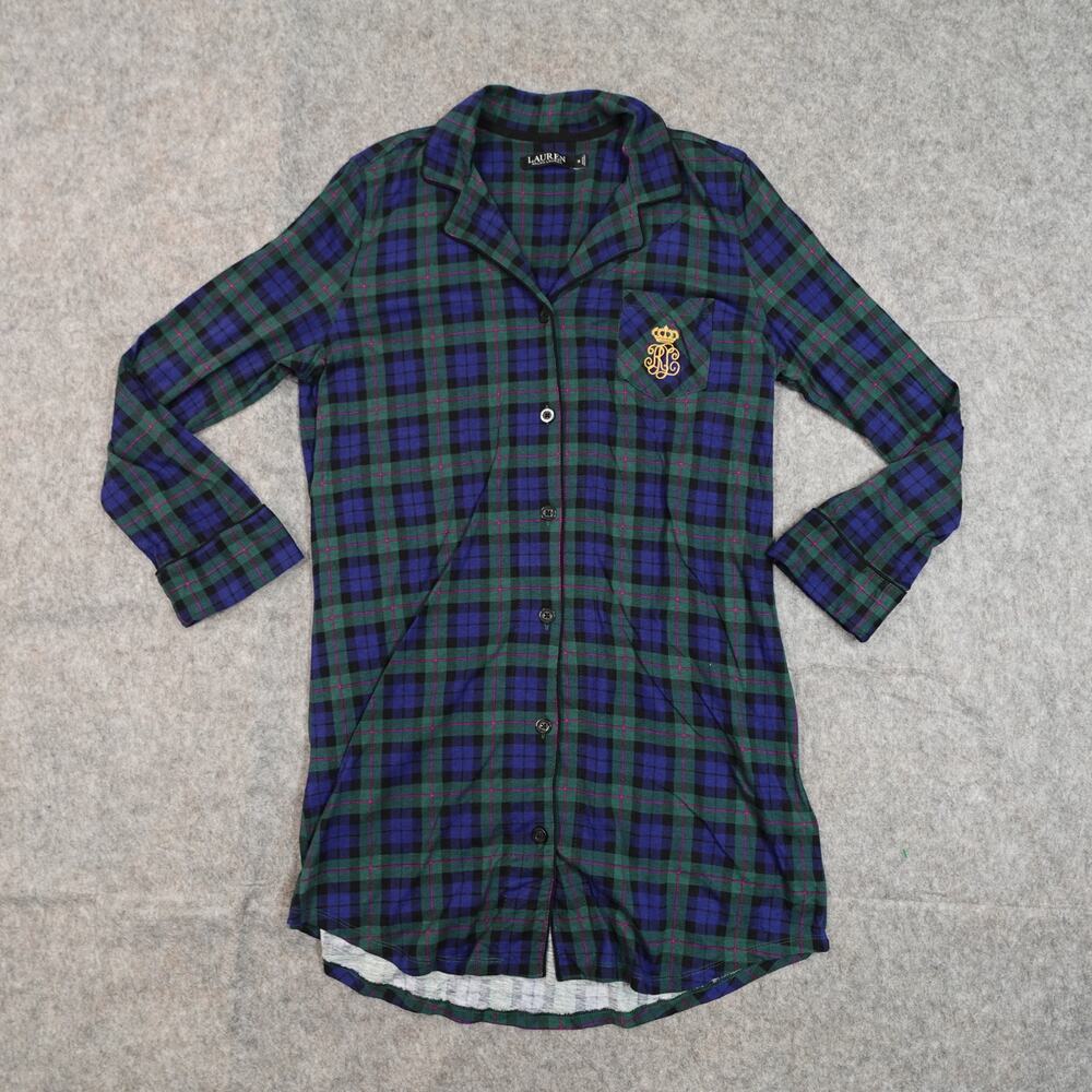 Ralph Lauren‎ Pajamas Womens Medium Plaid Monogram Fleece Button Cozy Nightshirt
